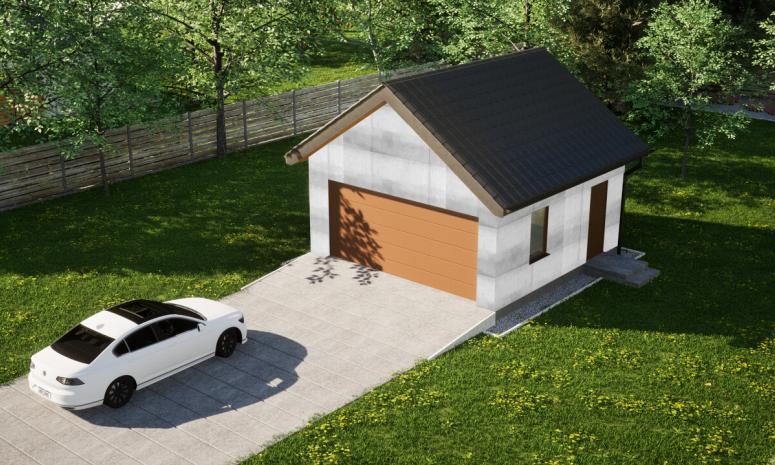 Garaż ERDOL G2 - Wersja prawa - Układ kalenicy prostopadły z dachem dwuspadowym o kącie nachylenia 35 stopni - Brama segmentowa z napędem IO, sterowana pilotem - UniPro WIŚNIOWSKI - Bez styropianu, siatki i kleju - Złoty dąb