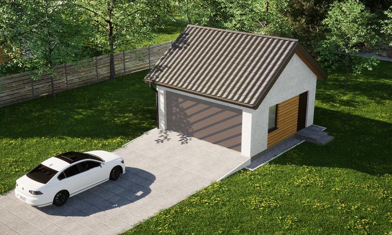 Garaż ERDOL G2 - Wersja prawa - Układ kalenicy równoległy z dachem dwuspadowym o kącie nachylenia 35 stopni - Bez bramy - Styropian, siatka i klej - Orzech