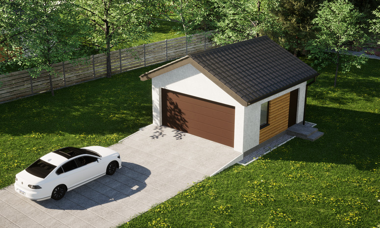 Garaż ERDOL G2 - Wersja prawa - Układ kalenicy prostopadły z dachem dwuspadowym o kącie nachylenia 25 stopni - Brama segmentowa z napędem IO, sterowana pilotem - UniPro WIŚNIOWSKI - Styropian, siatka i klej - Orzech