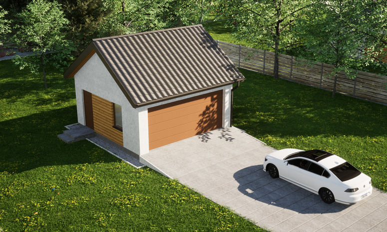 Garaż ERDOL G2 - Wersja lewa - Układ kalenicy równoległy z dachem dwuspadowym o kącie nachylenia 35 stopni - Brama segmentowa z napędem IO, sterowana pilotem - UniPro WIŚNIOWSKI - Styropian, siatka i klej - Złoty dąb