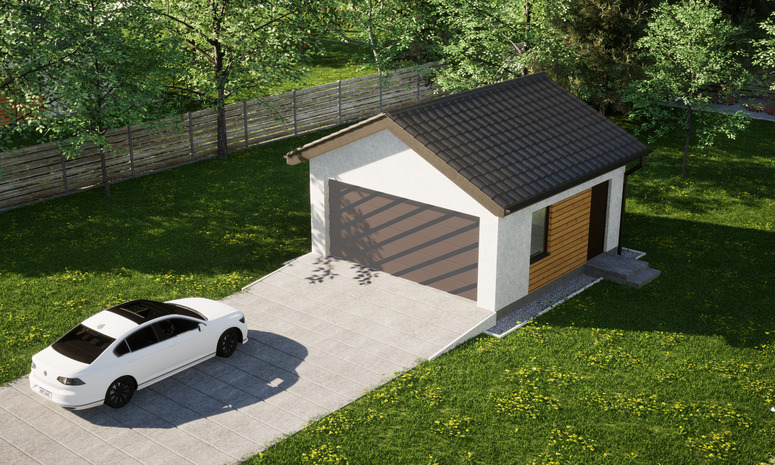 Garaż ERDOL G2 - Wersja prawa - Układ kalenicy prostopadły z dachem dwuspadowym o kącie nachylenia 25 stopni - Bez bramy - Styropian, siatka i klej - Orzech