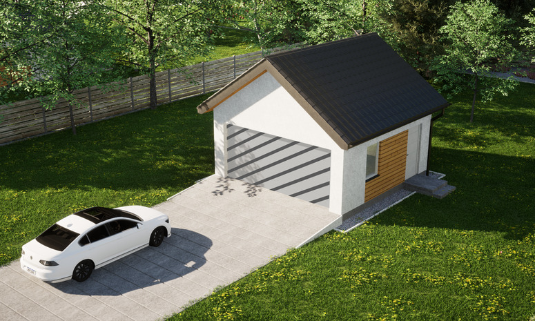 Garaż ERDOL G2 - Wersja prawa - Układ kalenicy prostopadły z dachem dwuspadowym o kącie nachylenia 35 stopni - Bez bramy - Styropian, siatka i klej - Biały
