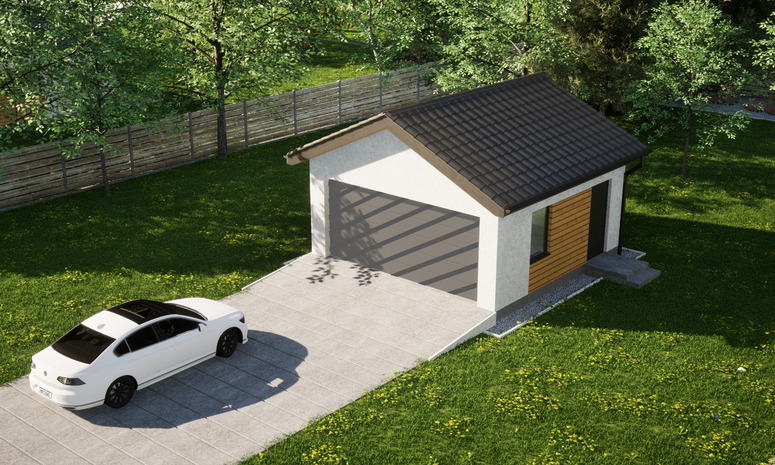 Garaż ERDOL G2 - Wersja prawa - Układ kalenicy prostopadły z dachem dwuspadowym o kącie nachylenia 25 stopni - Bez bramy - Styropian, siatka i klej - Antracyt