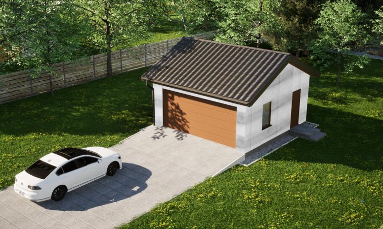 Garaż ERDOL G2 - Wersja prawa - Układ kalenicy równoległy z dachem dwuspadowym o kącie nachylenia 25 stopni - Brama segmentowa z napędem IO, sterowana pilotem - UniPro WIŚNIOWSKI - Bez styropianu, siatki i kleju - Złoty dąb