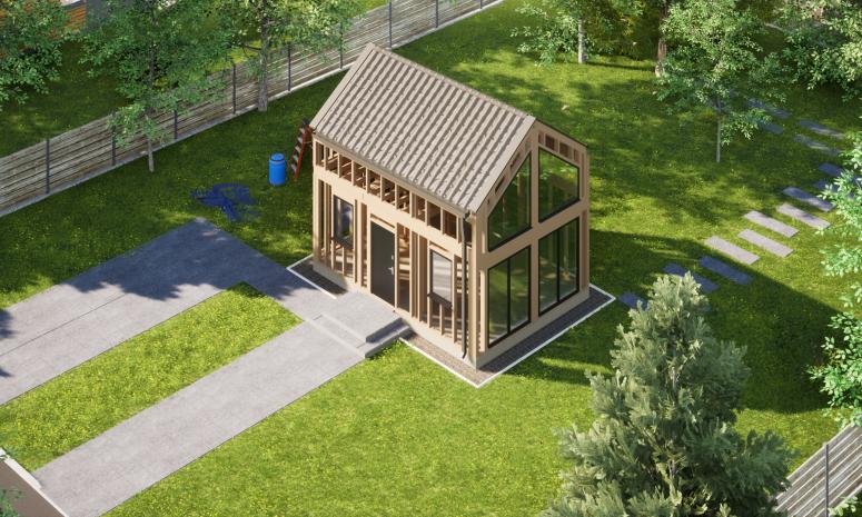 Projekt ERDOL Mini - gotowa konstrukcja - Dach bez okapu - Z oknami i drzwiami wejściowymi (kolor antracyt) - Bez elewacji - Z dachem i rynnami - Bez zamkniętych ścian