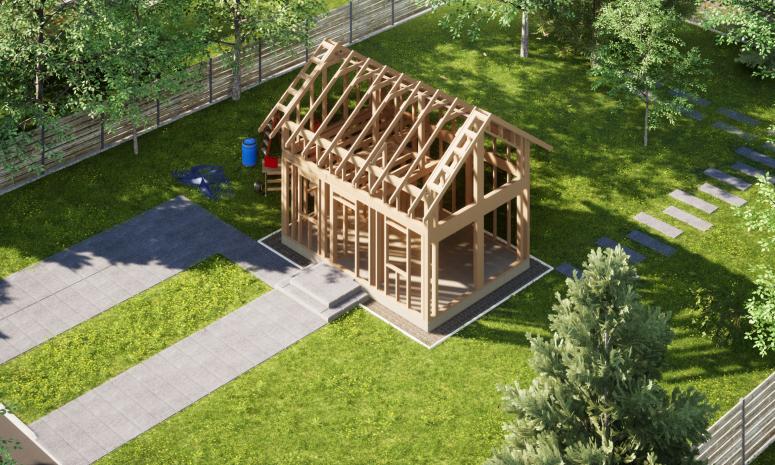 Projekt ERDOL Mini - gotowa konstrukcja - Dach z okapem - Bez okien i drzwi - Bez elewacji - Bez dachu - Bez zamkniętych ścian