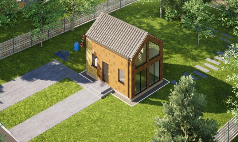 Projekt ERDOL Mini - gotowa konstrukcja - Dach bez okapu - Z oknami i drzwiami wejściowymi (kolor antracyt) - Elewacja z płytą STEICO Protect 60mm - Z dachem i rynnami - Ściany ocieplone w środku wraz z płytą fermacell od wewnątrz. Ściany działowe obustronnie obite płytą fermacell.