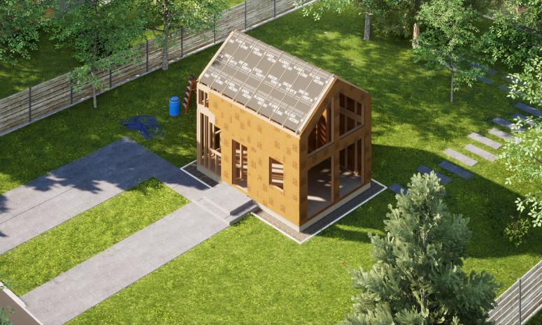 Projekt ERDOL Mini - gotowa konstrukcja - Dach bez okapu - Bez okien i drzwi - Elewacja z płytą STEICO Protect 60mm - Bez dachu - Bez zamkniętych ścian