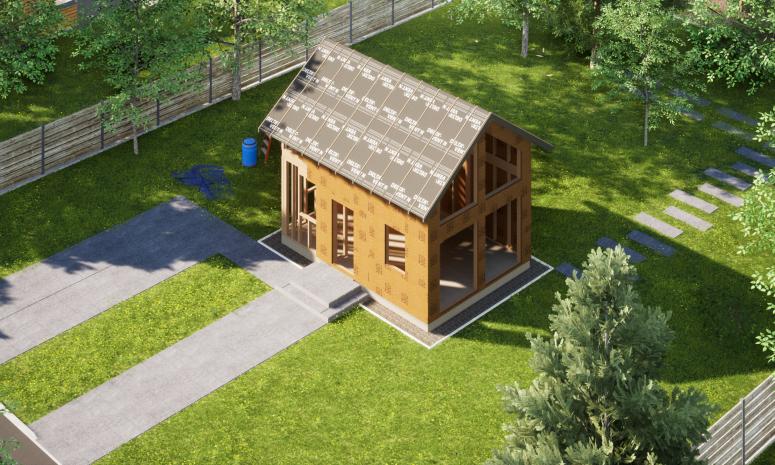 Projekt ERDOL Mini - gotowa konstrukcja - Dach z okapem - Bez okien i drzwi - Elewacja z płytą STEICO Protect 60mm - Bez dachu - Bez zamkniętych ścian