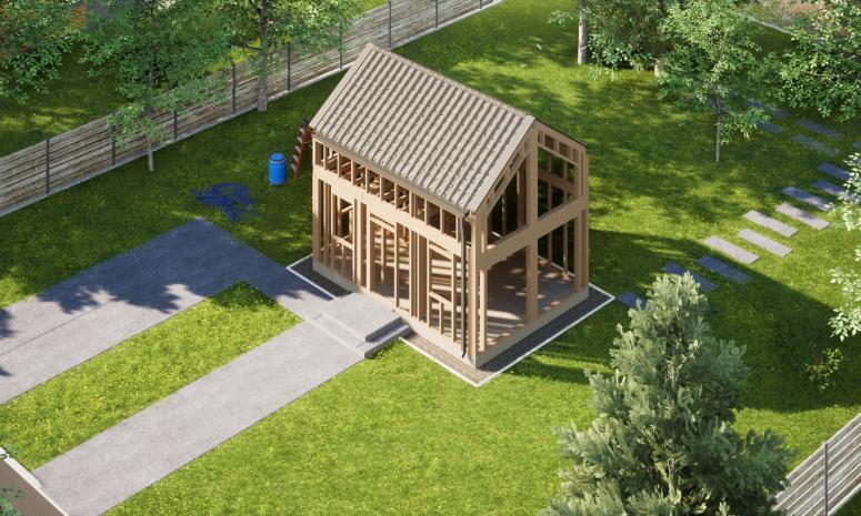 Projekt ERDOL Mini - gotowa konstrukcja - Dach bez okapu - Bez okien i drzwi - Bez elewacji - Z dachem i rynnami - Bez zamkniętych ścian