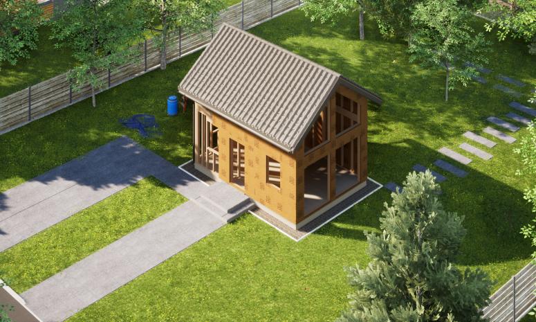 Projekt ERDOL Mini - gotowa konstrukcja - Dach z okapem - Bez okien i drzwi - Elewacja z płytą STEICO Protect 60mm - Z dachem i rynnami - Bez zamkniętych ścian