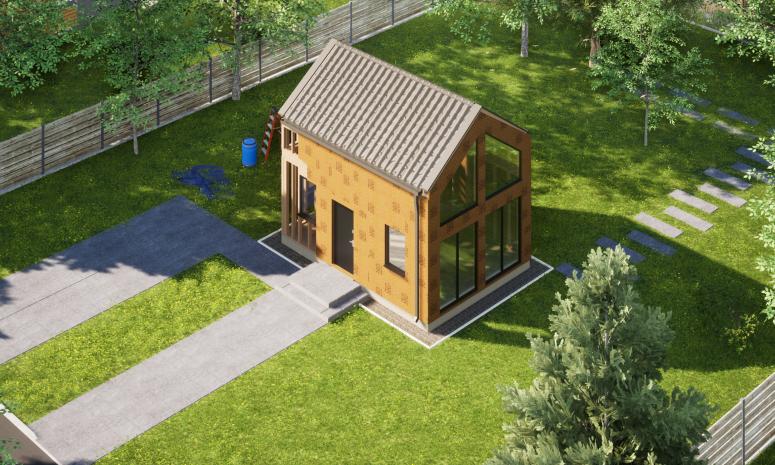 Projekt ERDOL Mini - gotowa konstrukcja - Dach bez okapu - Z oknami i drzwiami wejściowymi (kolor antracyt) - Elewacja z płytą STEICO Protect 60mm - Z dachem i rynnami - Bez zamkniętych ścian