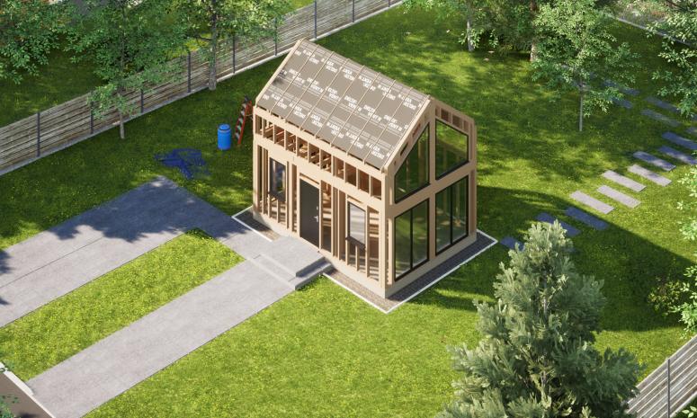 Projekt ERDOL Mini - gotowa konstrukcja - Dach bez okapu - Z oknami i drzwiami wejściowymi (kolor antracyt) - Bez elewacji - Bez dachu - Bez zamkniętych ścian