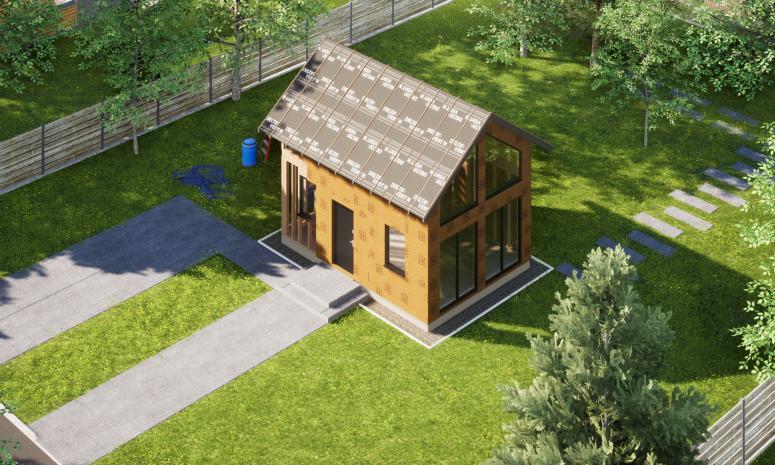 Projekt ERDOL Mini - gotowa konstrukcja - Dach z okapem - Z oknami i drzwiami wejściowymi (kolor antracyt) - Elewacja z płytą STEICO Protect 60mm - Bez dachu - Bez zamkniętych ścian