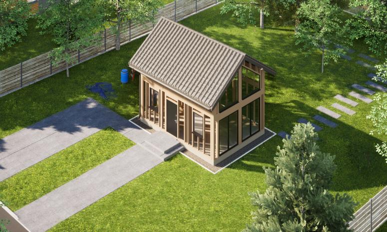 Projekt ERDOL Mini - gotowa konstrukcja - Dach z okapem - Z oknami i drzwiami wejściowymi (kolor antracyt) - Bez elewacji - Z dachem i rynnami - Bez zamkniętych ścian